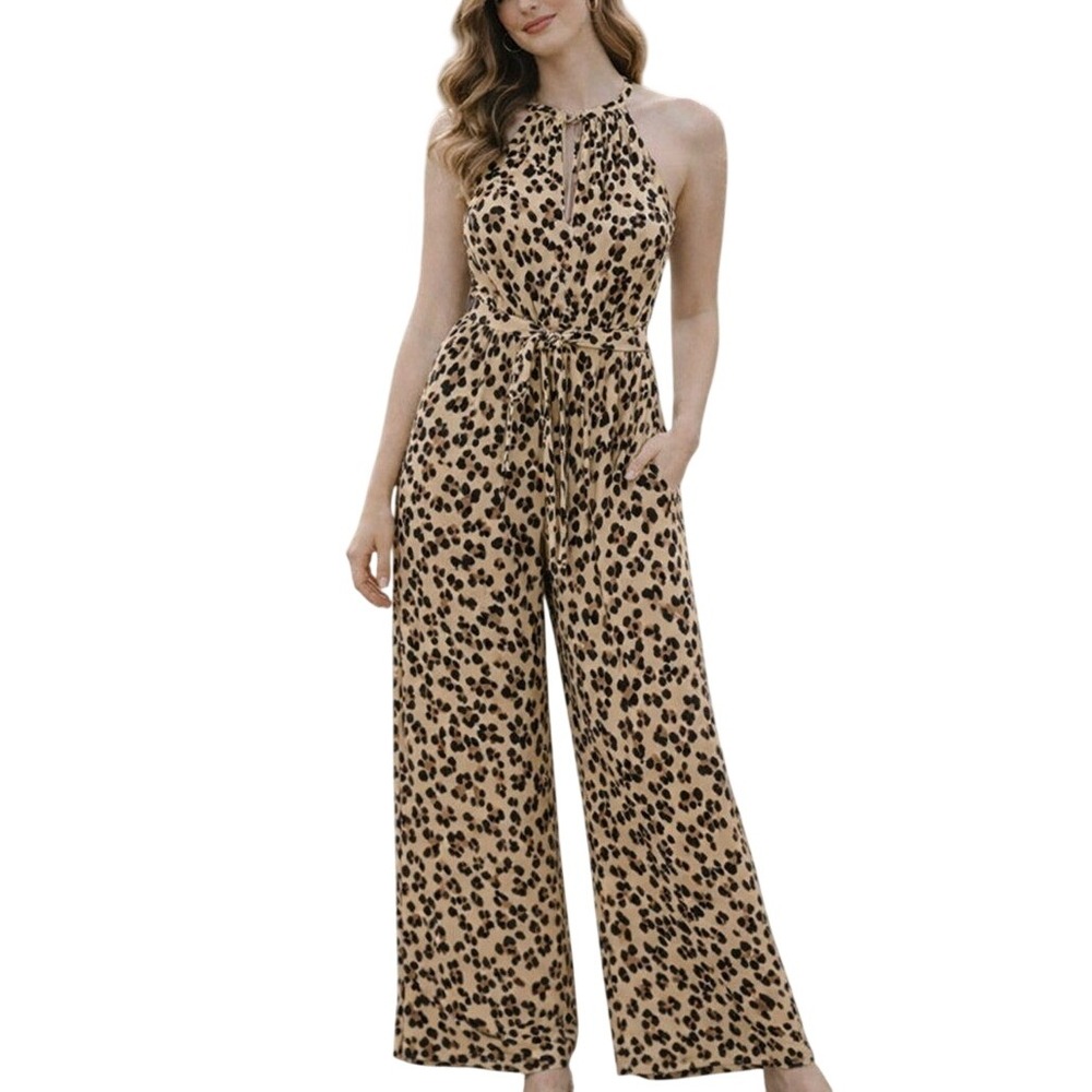 Q&A Leopard Print Halter Jumpsuit Womens Small Tan Brown Wide Leg Boho Chic